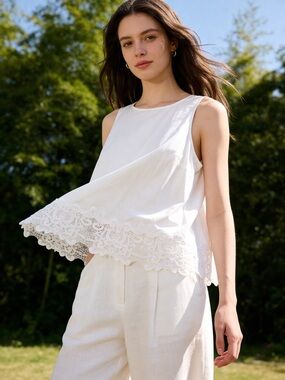 White Sleeveless Lace-Hem Tank Top